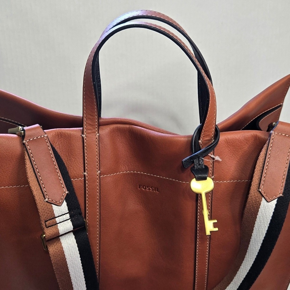 Fossil Brown Leather Tote with Striped Shoulder Strap - Picture 6 of 12